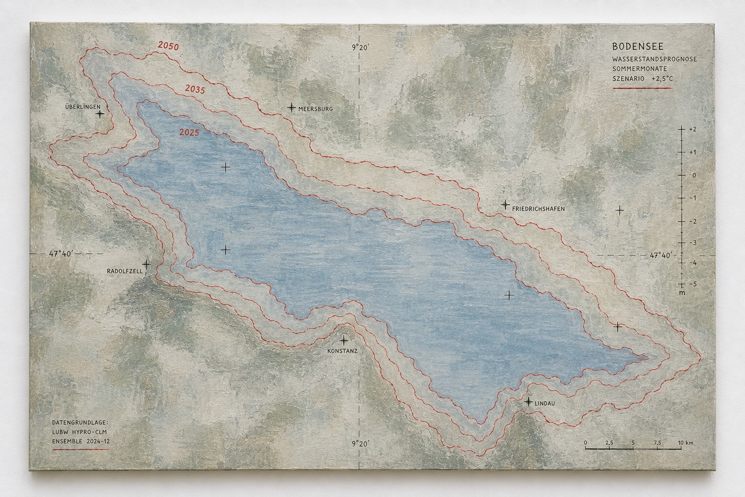Gemälde einer Bodensee-Uferlinie mit rot markierten künftigen Wasserständen